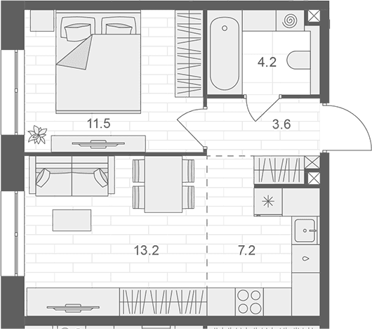 Планировка: Евродвушка 39,7 м² в ЖК «АРТЕЛЬ»