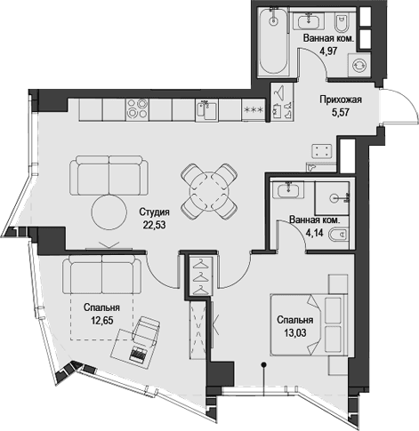 Планировка: Евротрёшка 62,9 м² в ЖК «Феймос»