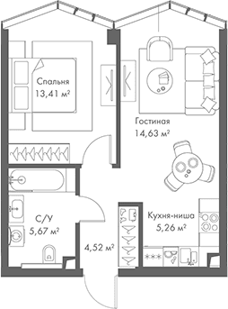 Планировка: Евродвушка 43,5 м² в ЖК «МИРА»