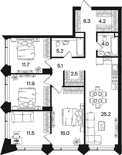 Планировка: Квартира евро-5 103,1 м² в ЖК «РАКУРС»