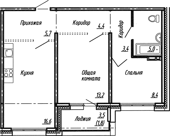 Планировка: Евротрёшка 56,7 м² в ЖК «Сибирь»