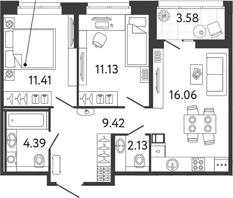 Планировка: Евротрёшка 54,5 м² в ЖК «Ultra City 3.0»