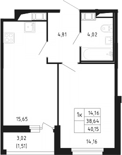 Планировка: Евродвушка 38,6 м² в ЖК «Сандэй»