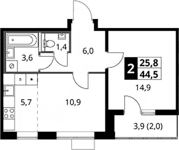Планировка: Евродвушка 42,5 м² в ЖК «1-й Южный»