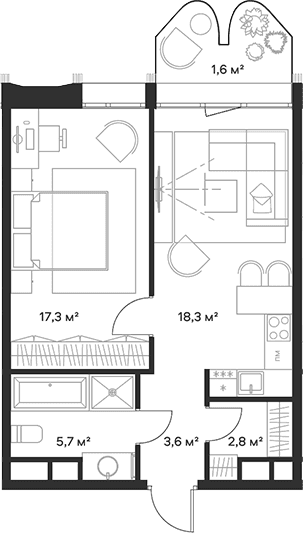Планировка: Евродвушка 47,7 м² в ЖК «Союз»