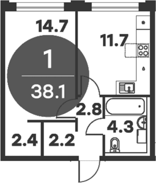 Планировка: 1-комнатная квартира 38,1 м² в ЖК «Равновесие»