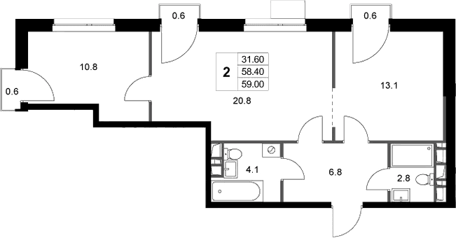 Планировка: 2-комнатная квартира 58,4 м² в ЖК «Легенда Марусино»
