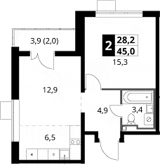 Планировка: Евродвушка 43 м² в ЖК «1-й Донской»