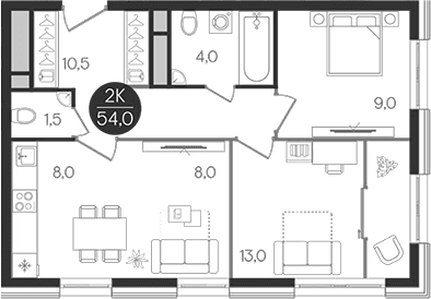 Планировка: Евротрёшка 54 м² в ЖК «Кантемировский»