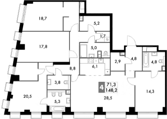 Планировка: Квартира евро-5 148,2 м² в ЖК «Сидней Сити»