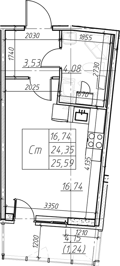 Планировка: Студия 24,4 м² в ЖК «Левитан»