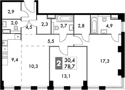 Планировка: Евротрёшка 78,7 м² в ЖК «Сидней Сити»