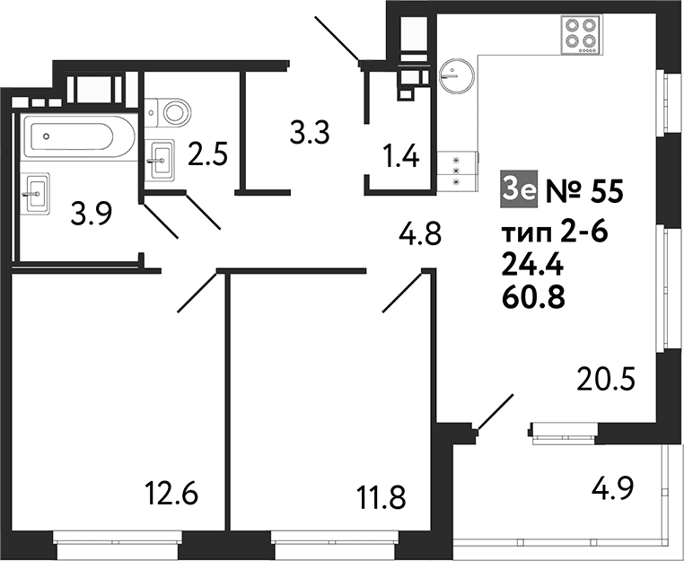 Планировка: Евротрёшка 60,8 м² в ЖК «Литера»