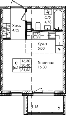 Планировка: Студия 30,4 м² в ЖК «Лисино»