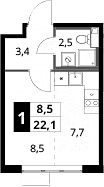 Планировка: Студия 22,1 м² в ЖК «1-й Шереметьевский»