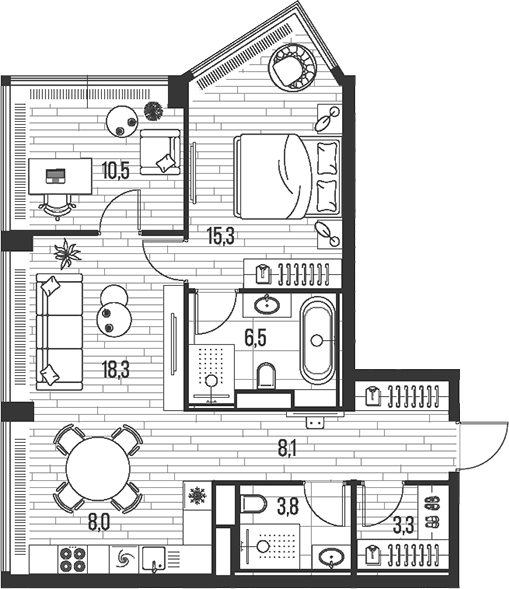 Планировка: Евротрёшка 74 м² в ЖК «HIGH LIFE»