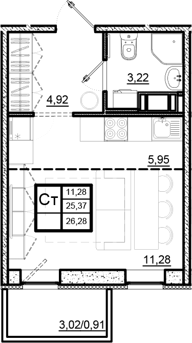 Планировка: Студия 25,4 м² в ЖК «Северный Меридиан»