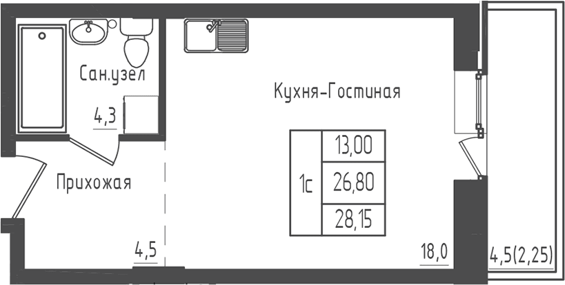 Планировка: Студия 26,8 м² в ЖК «Зеленый город»