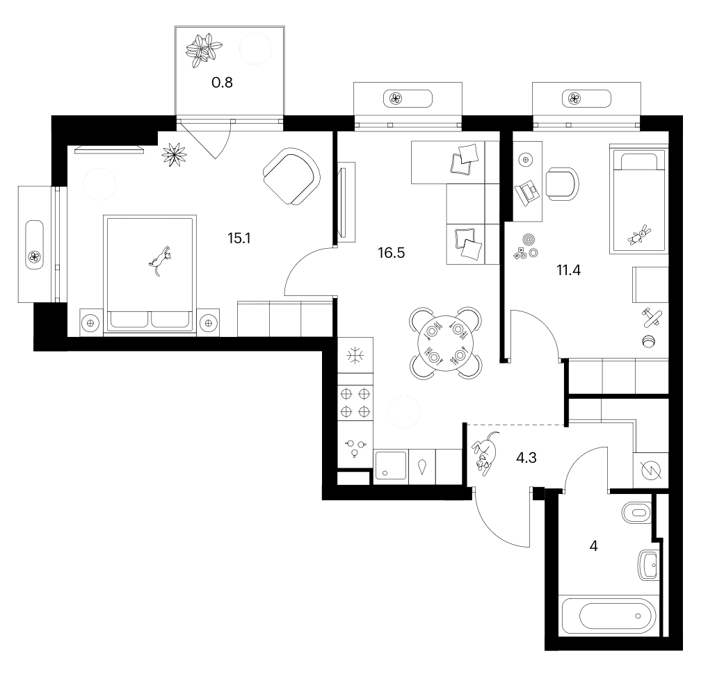 Планировка: 2-комнатная квартира 51,3 м² в ЖК «Зеленый парк»