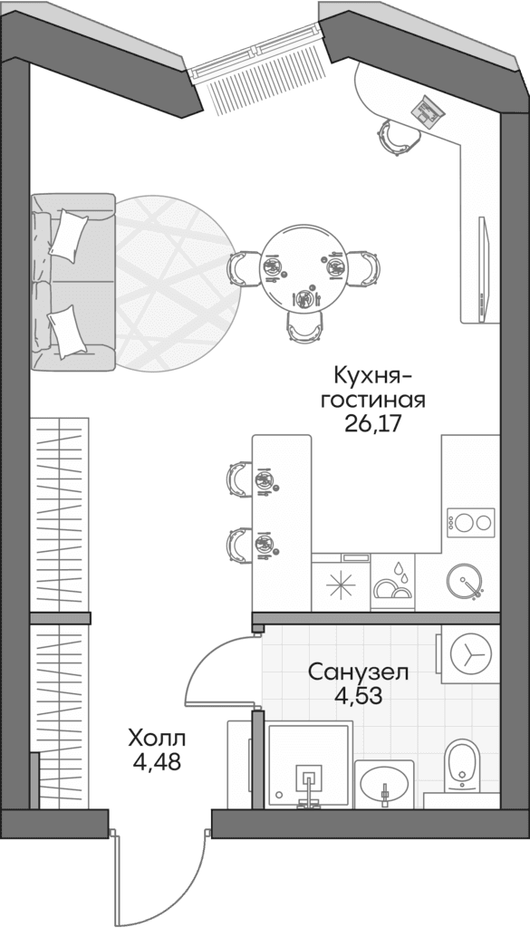 Планировка: Студия 34,6 м² в ЖК «Инсайдер»