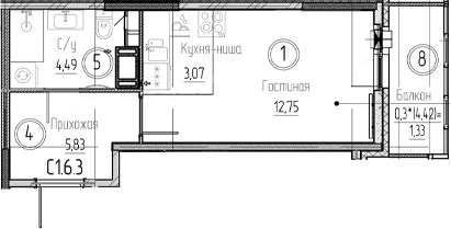 Планировка: Студия 26,1 м² в ЖК «Аквилон Верба»