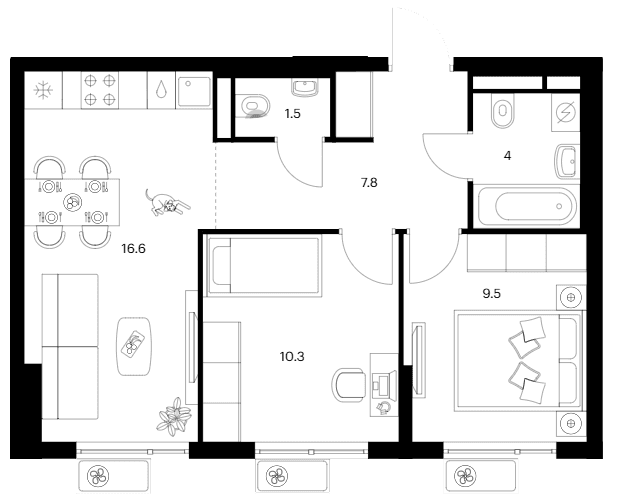 Планировка: 2-комнатная квартира 49,7 м² в ЖК «Белая Дача парк»