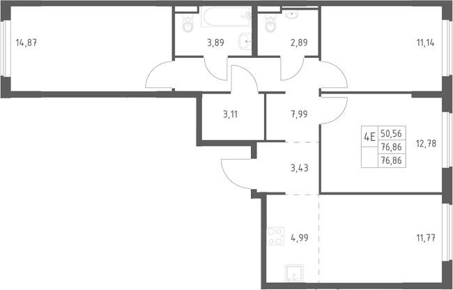 Планировка: Квартира евро-4 76,9 м² в ЖК «Мытищи Парк»