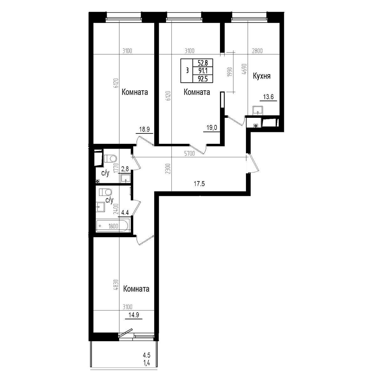 Планировка: 3-комнатная квартира 91,1 м² в ЖК «Прагма Сити»