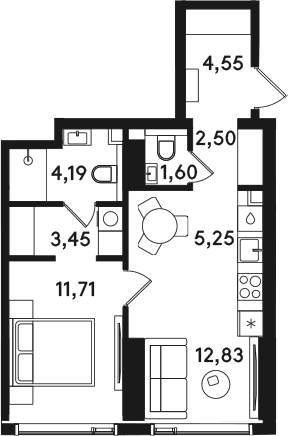 Планировка: Евродвушка 46,1 м² в ЖК «СОЛОС»