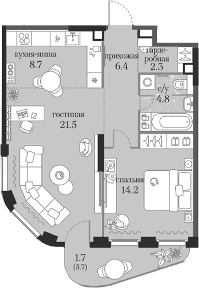 Планировка: 1-комнатная квартира 57,9 м² в ЖК «Муза»