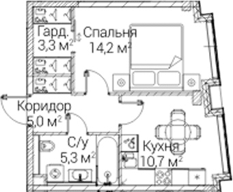 Планировка: 1-комнатная квартира 38,5 м² в ЖК «СЕЗАР БУДУЩЕЕ»