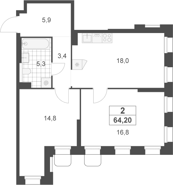 Планировка: Евротрёшка 64,2 м² в ЖК «Деснаречье»