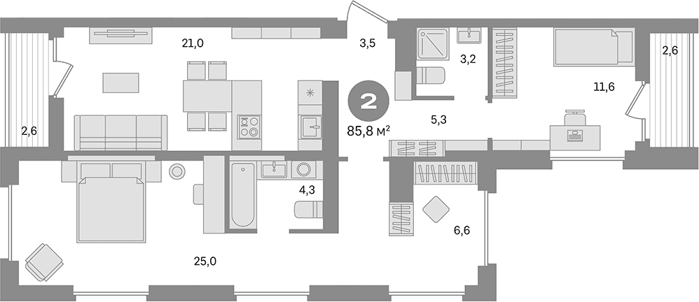 Планировка: 2-комнатная квартира 80,6 м² в ЖК «Первый квартал. Вторая очередь»