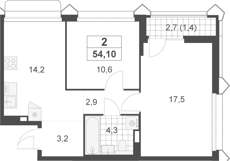 Планировка: 2-комнатная квартира 52,7 м² в ЖК «Деснаречье»