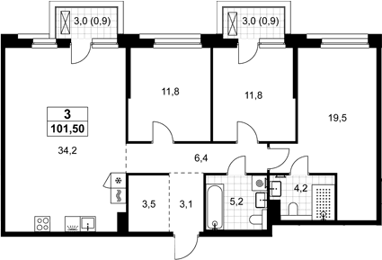 Планировка: Квартира евро-4 99,7 м² в ЖК «Хольм»