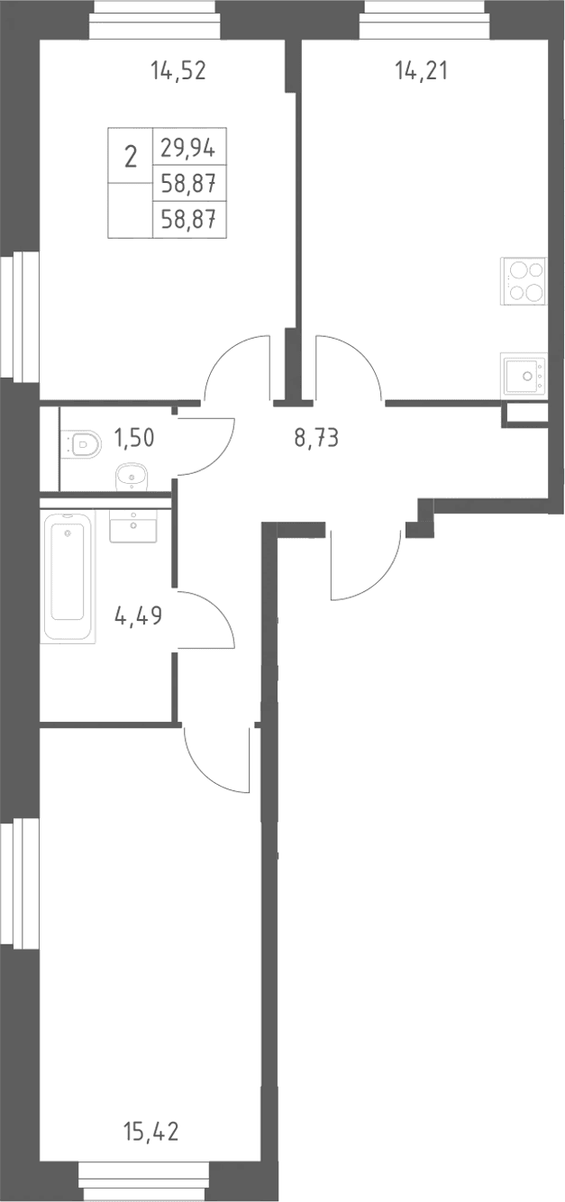Планировка: 2-комнатная квартира 58,9 м² в ЖК «Квартал Строгино»