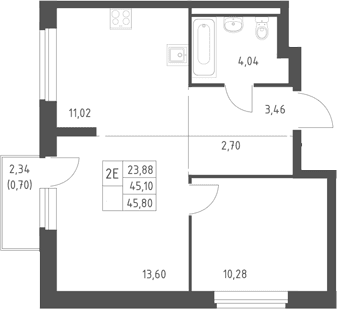 Планировка: Евродвушка 45,1 м² в ЖК «Горки Парк»