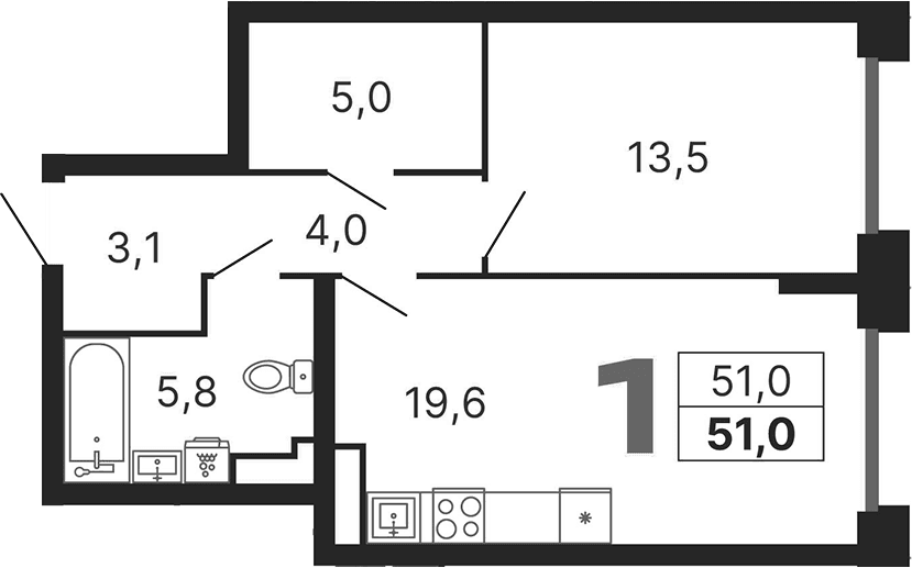 Планировка: Евродвушка 51 м² в ЖК «Бестселлер»