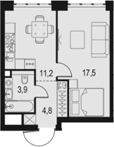 Планировка: 1-комнатная квартира 37,4 м² в ЖК «Левел Южнопортовая»