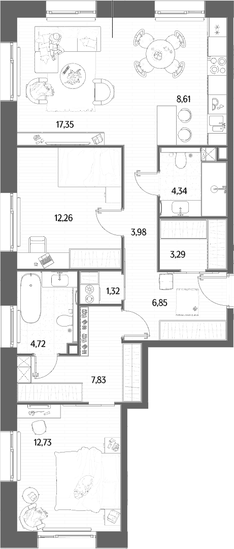 Планировка: Евротрёшка 83,3 м² в ЖК «МЫС»