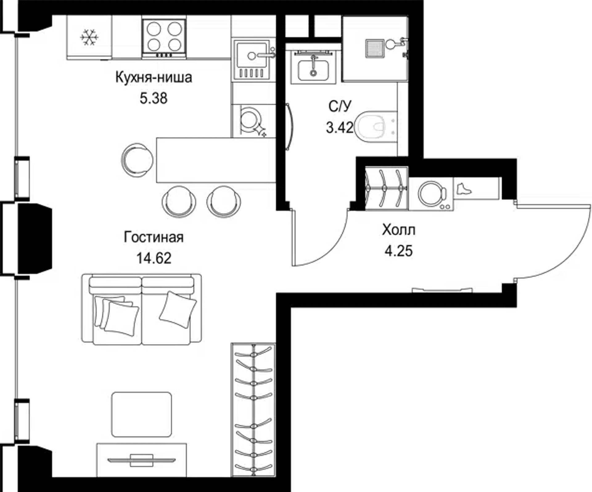 Планировка: Студия 27,7 м² в ЖК «СЕТ»