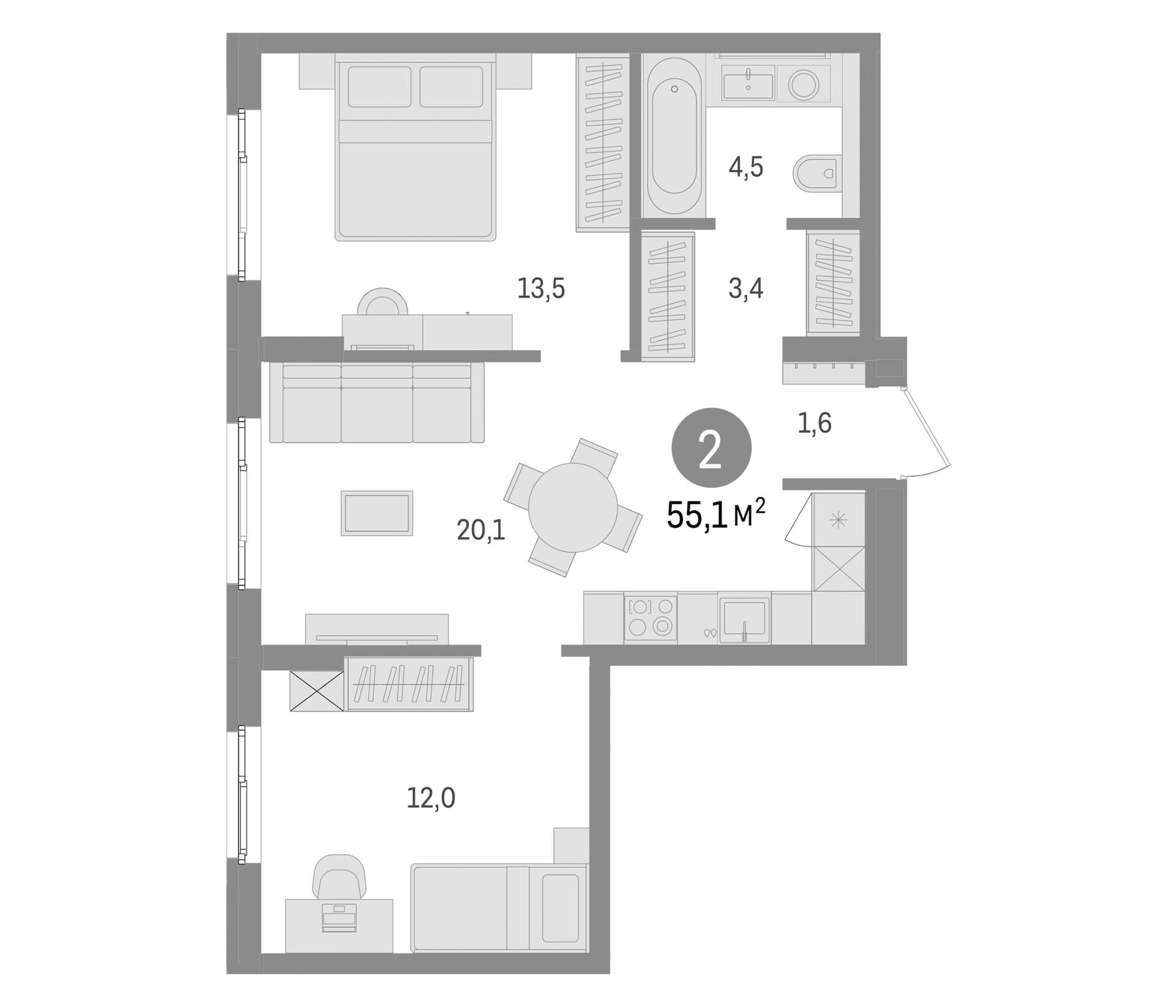 Планировка: Евротрёшка 55,1 м² в ЖК «Брусника в Новоселье»