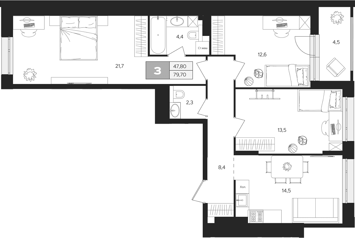Планировка: 3-комнатная квартира 77,4 м² в ЖК «Ласточкино»
