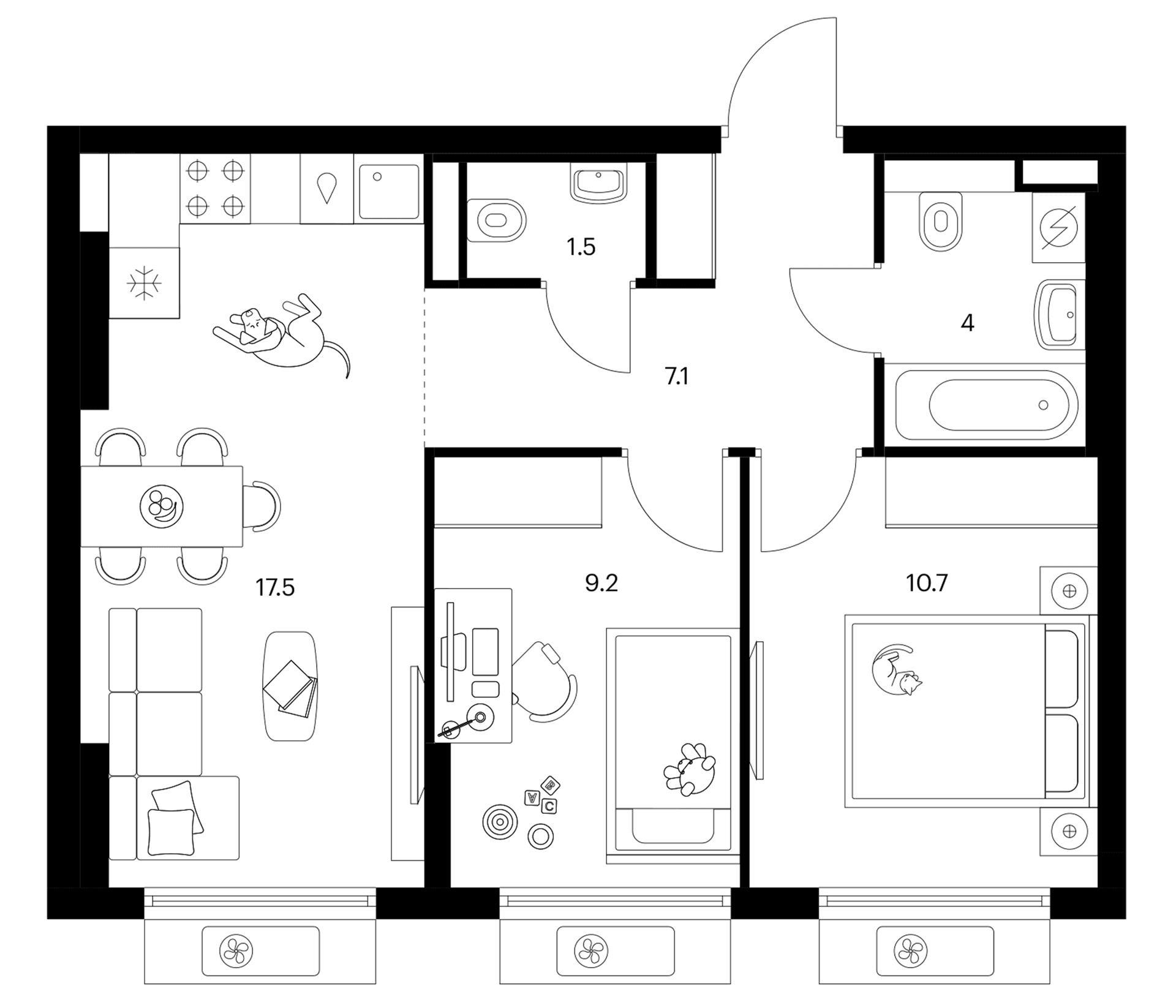 Планировка: 2-комнатная квартира 50 м² в ЖК «Белая Дача парк»