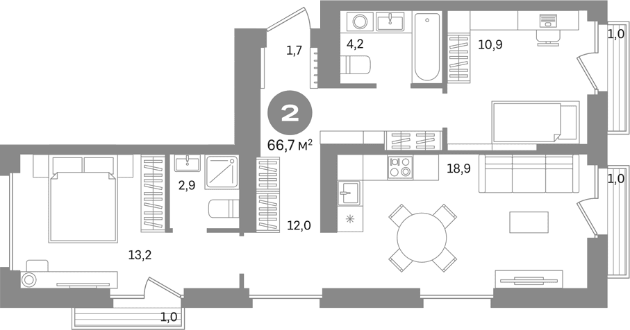 Планировка: 2-комнатная квартира 63,7 м² в ЖК «Первый квартал. Вторая очередь»