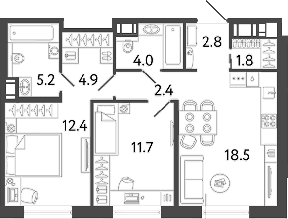 Планировка: Евротрёшка 63,7 м² в ЖК «Передвижники 2»