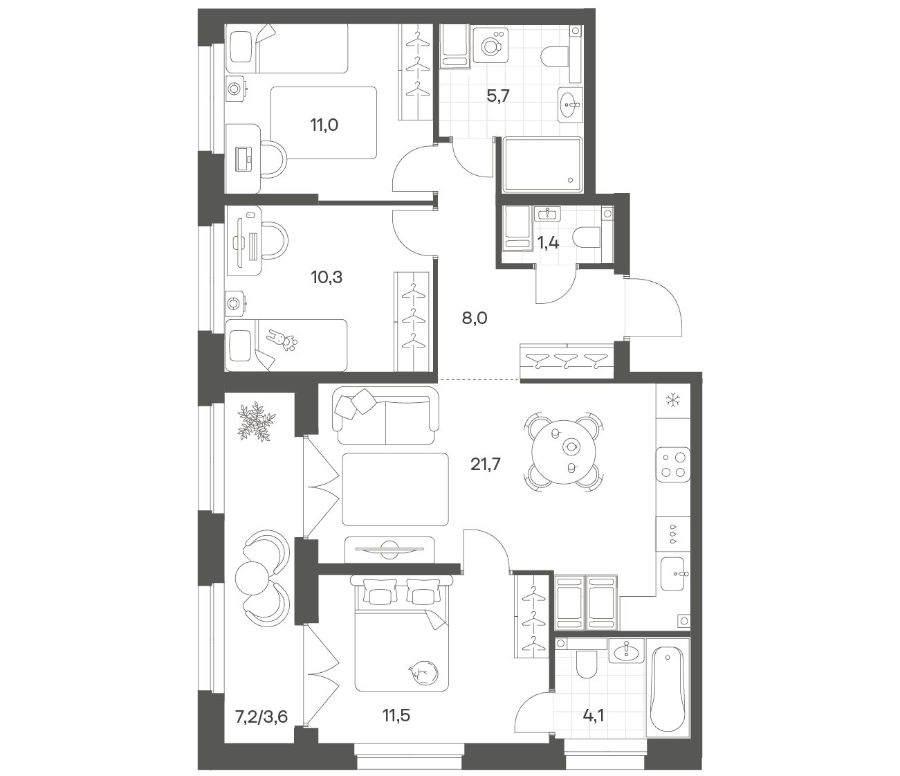 Планировка: Квартира евро-4 73,8 м² в ЖК «Речной Квартал»