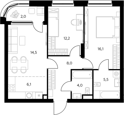 Планировка: Евротрёшка 66,6 м² в ЖК «Адмирал»