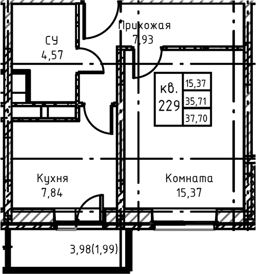 Планировка: 1-комнатная квартира 37,8 м² в ЖК «Высокий Берег»