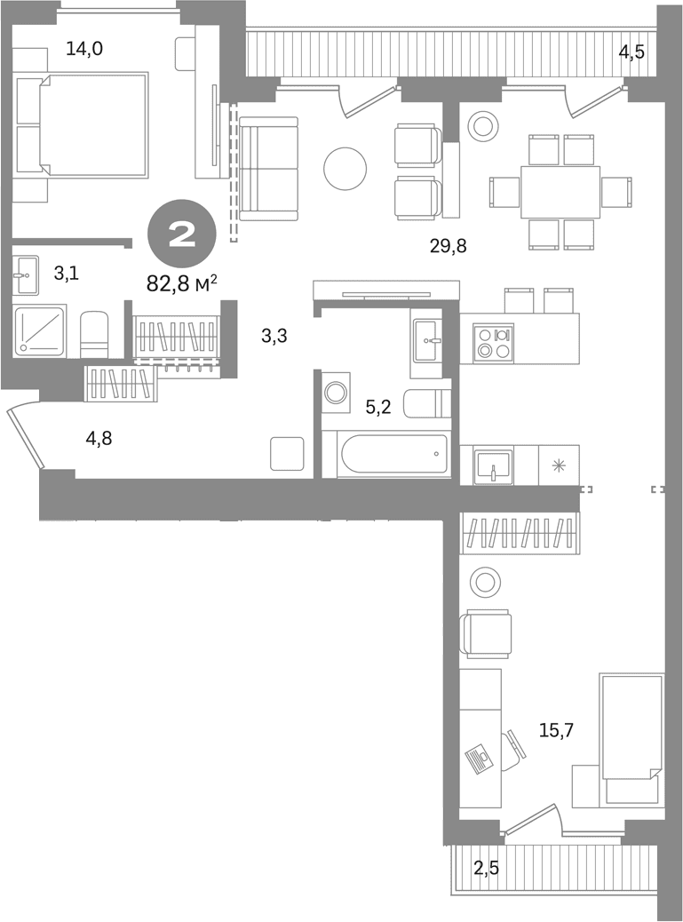 Планировка: 2-комнатная квартира 75,8 м² в ЖК «Первый квартал. Вторая очередь»